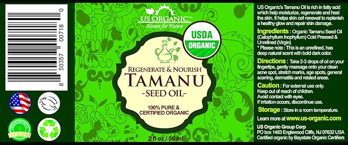 US Organic Tamanu Oil, USDA Certified Organic, 100% Pure Virgin Cold Pressed Unrefined, Dark Green Color, Sourced from Southeast Asia_Improved Cap_2oz (56 ml)-FemmiqueWomen