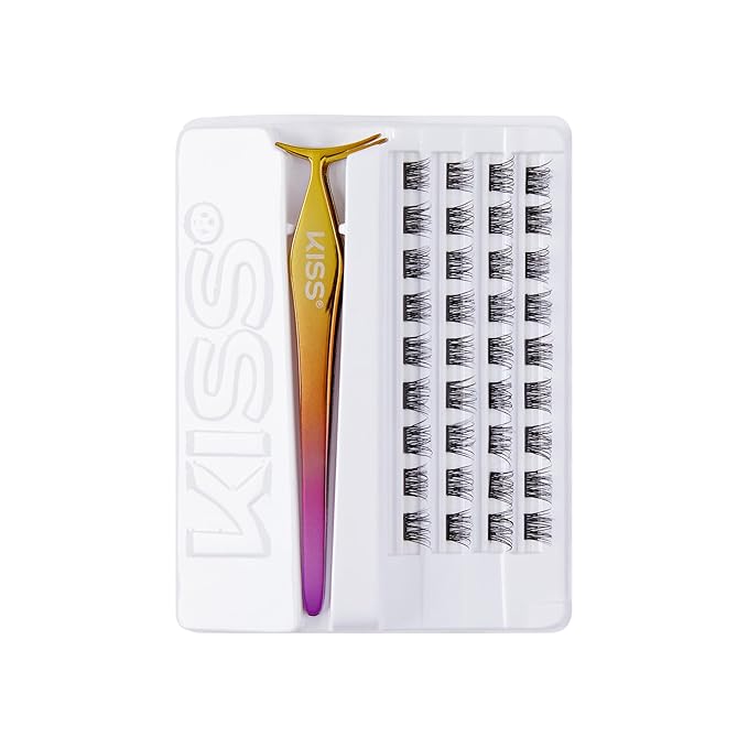 KISS imPRESS Falsies Press On Self Adhesive Eyelashes, 12mm-14mm Natural Volume Press On Lashes, Black, No Glue Needed, Invisible Band, 20 Lash Clusters & Non-Stick Applicator - Natural-FemmiqueWomen