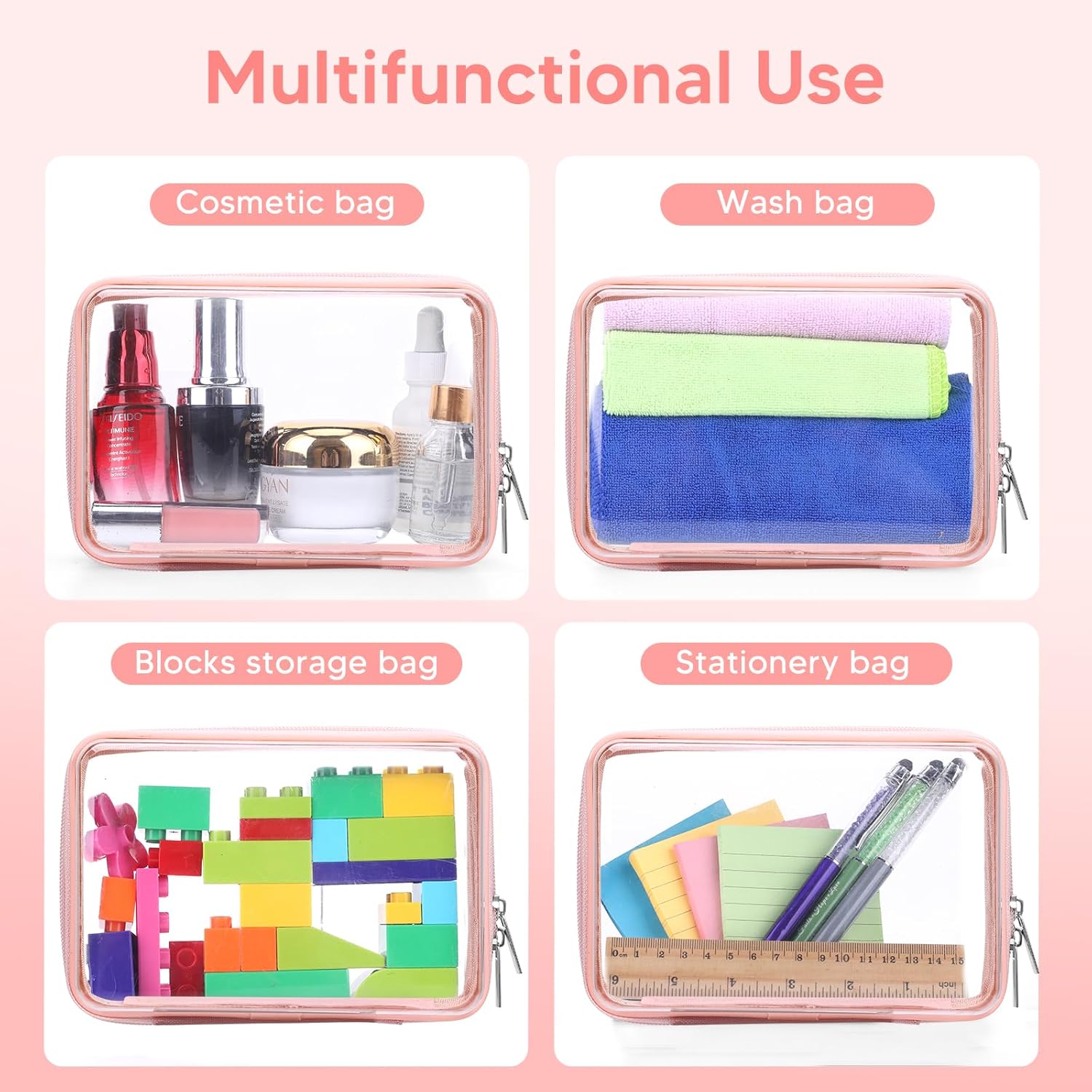 2 Pcs Clear Hard Zipper Case, Hard PC Plastic Cosmetic Travel Bag, Portable Travel Organizer Bins, Durable Makeup Bags for Toy Storage, Pencil Case(Pink Zipper)-FemmiqueWomen