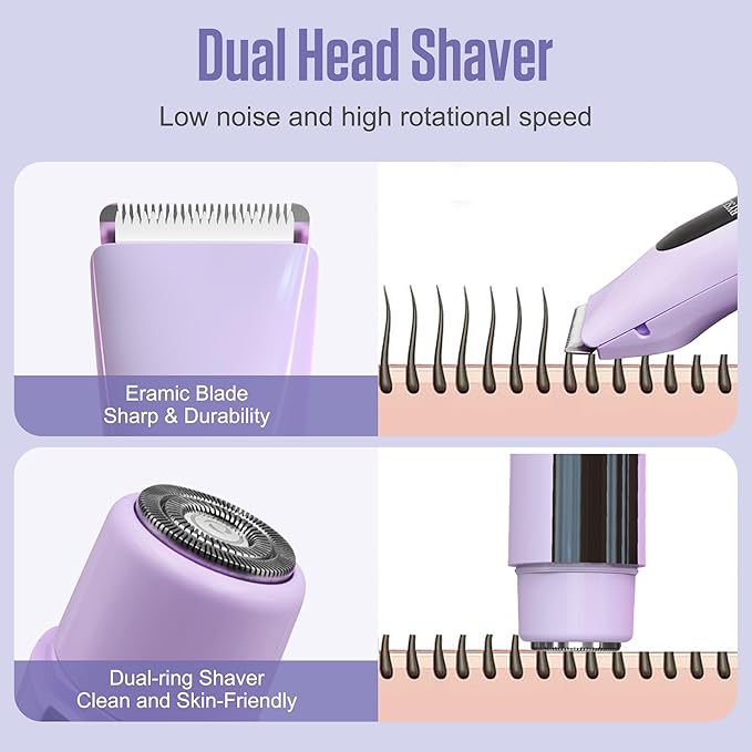 2 in 1 Bikini Trimmer for Women Dual Head Electric Shaver with LED Display,IPX7 Waterproof Wet & Dry, Painless Shaver for Underarm Leg Arm Body Face Private Area Purple-FemmiqueWomen