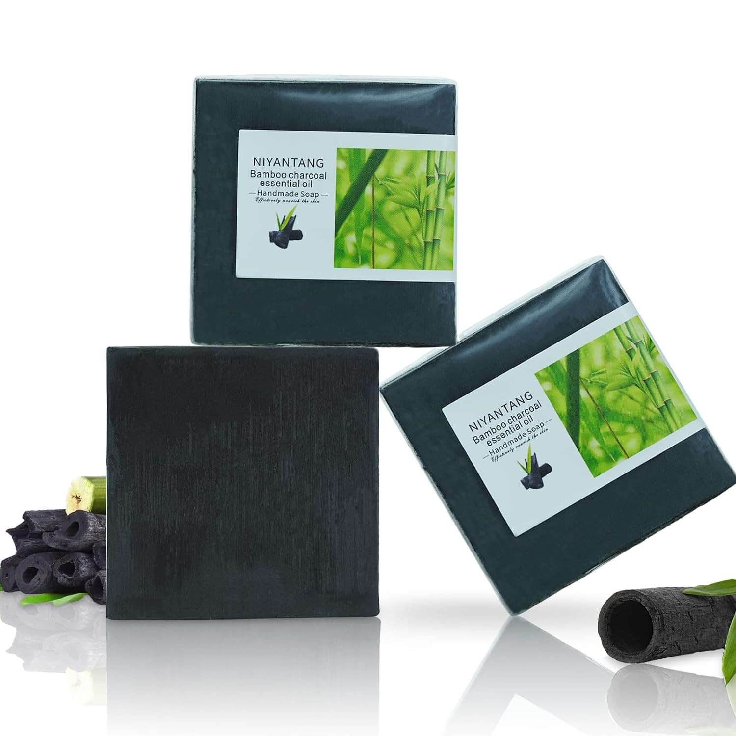 3 Pack Natural Activated Charcoal Soap Bar Black Soap for Face & Body Cleanse, Handmade Bamboo Charcoal Soap with Coconut Oil, Gentle Cleanser Soap for Men Women All Skin Types-FemmiqueWomen