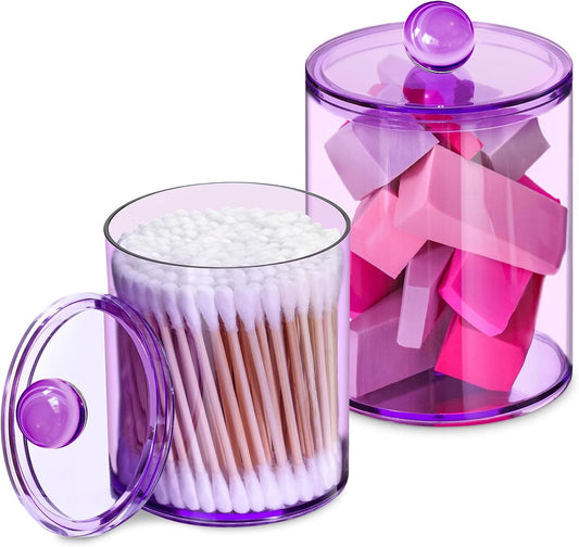 2 Pack Qtip Holder,Canister Apothecary Jar Set, Bathroom Jars with Lids Set for Cotton Swabs, Balls, Pads, Floss Picks,10oz-12oz Plastic Canisters Restroom Bedroom Vanity Organizer(Purple)-FemmiqueWomen