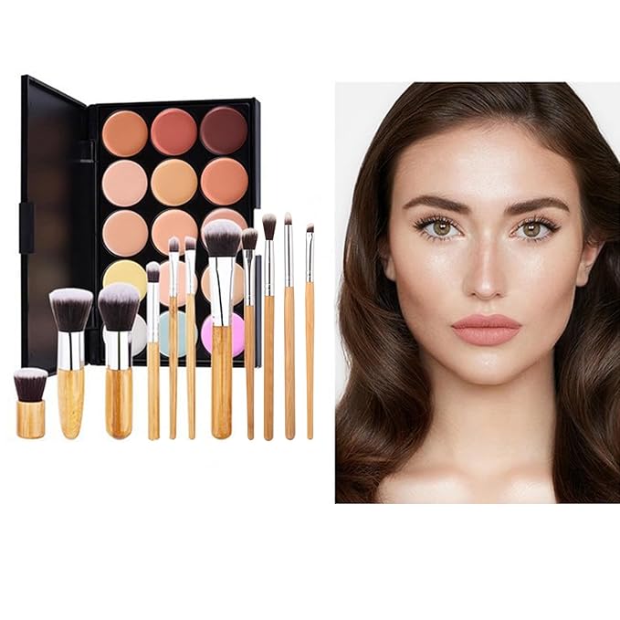 15 Colour Makeup Contour Palette Cream Kit, with 11 Pcs Complete Function Makeup Brushes Set and Storage Bag, Highlighting Light, Medium to Dark, Vegan & Cruelty Free-FemmiqueWomen