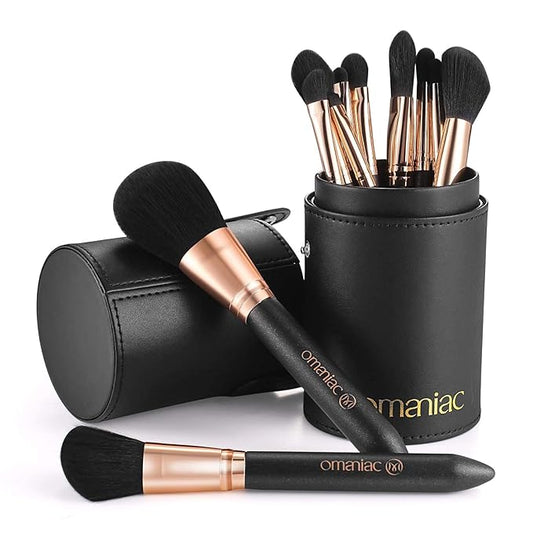 OMANIAC Makeup Brush Set Professional, 12 Pearlescent Wood Handle Makeup Brushes, Premium Cruelty-Free Synthetic Fiber Hair, Travel Make up Brushes Set with Case (Black).-FemmiqueWomen