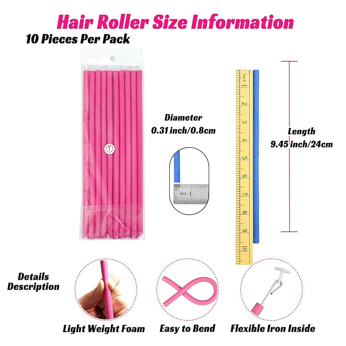 30PCS 9.45" Heatless Flexible Curling Rod, Skinny Small Flexi Rod Soft Twist Foam Hair Rollers for Tight Curl Women Girl Home Use Long and Short Hair (0.31 x 9.45 Inch, Pink#)-FemmiqueWomen