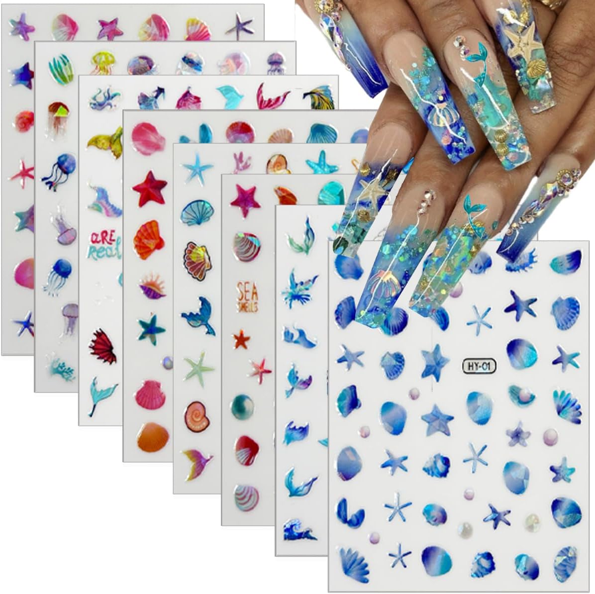 12 Sheets Ocean Nail Stickers Decals Summer Nail Decals for Nail Art 3D Self Adhesive Beach Nail Art Stickers Shellfish Starfish Designs Nail Art Supplies for Women Nail Manicure Decorations-FemmiqueWomen