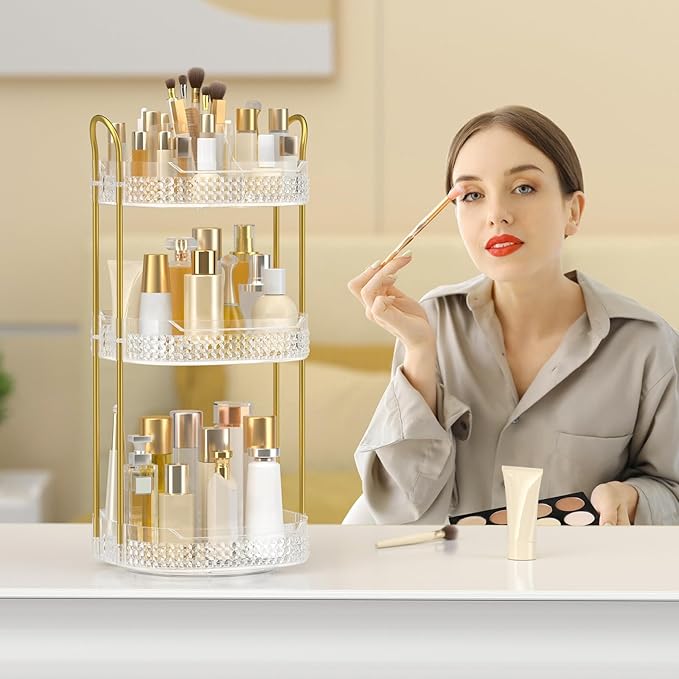 Rotating Makeup Organizer for Vanity 3 Tier, Perfume Organizer with Makeup Brush Holder, Large Capacity Cosmetics Clear Skincare Organizer for Countertop (Transparent)-FemmiqueWomen