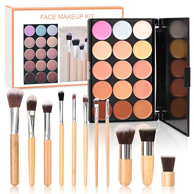 15 Colour Makeup Contour Palette Cream Kit, with 11 Pcs Complete Function Makeup Brushes Set and Storage Bag, Highlighting Light, Medium to Dark, Vegan & Cruelty Free-FemmiqueWomen
