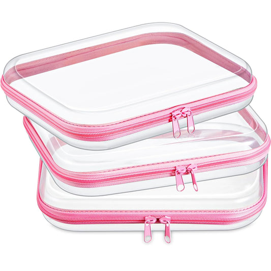 Hoolerry 3 Pcs Clear Hard Zipper Case Plastic Pouch Transparent Hard Case Clear Makeup Bag Portable Travel Organizer Bin for Cosmetics, Building Blocks, Puzzles(Pink,M)-FemmiqueWomen
