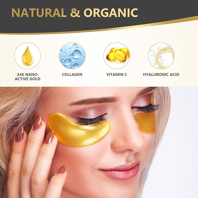 24K Gold Eye Mask, 30 Pairs, Natural Anti-aging Eye Pads for Puffy Eyes, Dark Circles, and Eye Bags with Amino Acid & Collagen, with Revitalize and Hydrate Your Skin-FemmiqueWomen