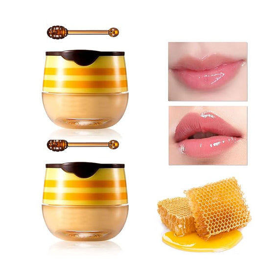 2Pcs Honey Pot Bee Lip Balm with Honey Spoon,Honey Lip Sleeping Mask Overnight 24HR Repair Lip Reduces Lip Lines,Exfoliator Moisturizing Moisture Dry & Chapped Lip Care Products-FemmiqueWomen