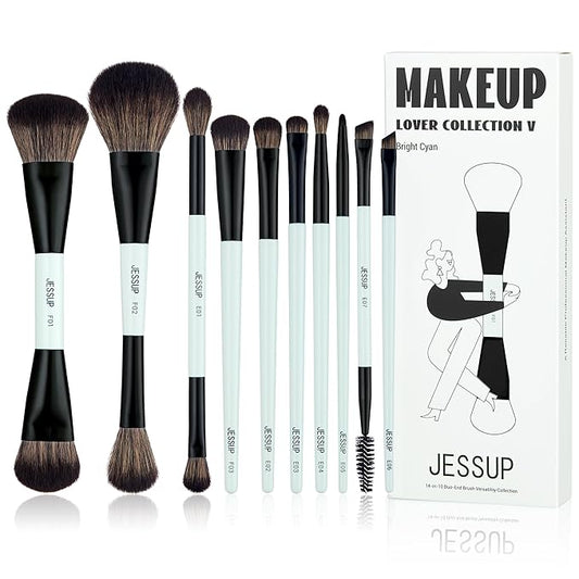 Jessup Makeup Brushes Set 10pcs, Double Sided Foundation Contour Blush Highlight Blending Eyebrow Brush Eyeshadow Eyeliner Concealer Brush, Bright Cyan Cruelty Free Cosmetic Tools T500-FemmiqueWomen
