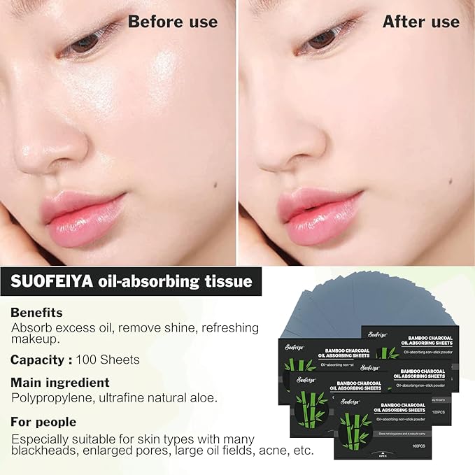 Natural Bamboo Charcoal Oil Absorbing Tissues - 6pk/600 Oil Blotting Sheets For Face, Oil Control Film, Oil Absorbing Sheets, Makeup Friendly-FemmiqueWomen