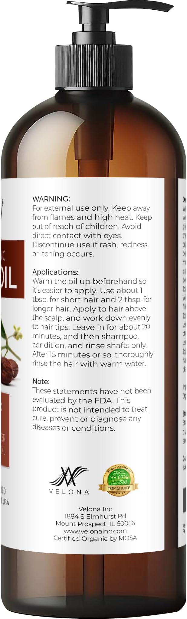 velona Jojoba Oil USDA Certified Organic - 16 fl oz (With Pump) | 100% Pure and Natural | Golden, Unrefined, Cold Pressed, Hexane Free | Moisturizing Face, Hair, Body, Skin Care-FemmiqueWomen