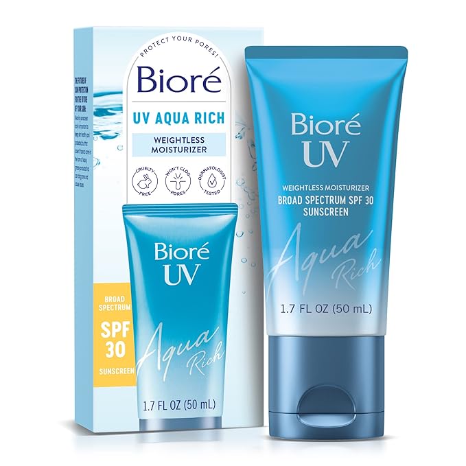 Biore UV Aqua Rich SPF 30 PA+++ Daily Moisturizer Sunscreen for Face, For Sensitive Skin, Oil Free, Hyaluronic Acid, Vegan, Oxybenzone & Octinoxate Free, Dermatologist Tested, 1.7 Oz-FemmiqueWomen