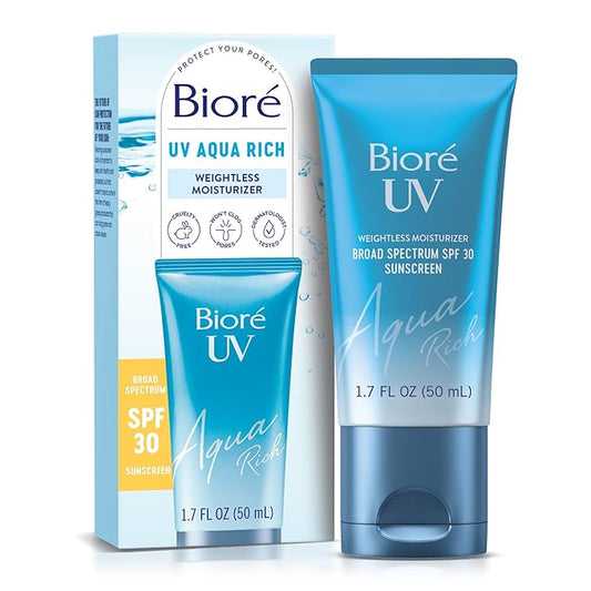 Biore UV Aqua Rich SPF 30 PA+++ Daily Moisturizer Sunscreen for Face, For Sensitive Skin, Oil Free, Hyaluronic Acid, Vegan, Oxybenzone & Octinoxate Free, Dermatologist Tested, 1.7 Oz-FemmiqueWomen