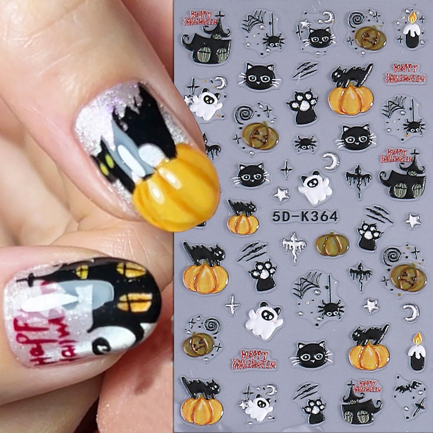2 Sheets Halloween Nail Stickers for Nail Art 5D Spider Web Nail Art Stickers Embossed Ghost Pumpkin Nail Decals Self-Adhesive Horror Black Cat Nail Design Decals for Women Party Nails Supplies-FemmiqueWomen
