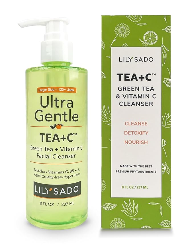 LILY SADO TEA+C™ Green Tea & Vitamin C Face Cleanser – Natural Vegan Antioxidant Daily Face Wash with Aloe, Rosehip, Meadowfoam - Gentle Deep Cleansing for Acne, Blackheads, Blemishes. 8 oz-FemmiqueWomen