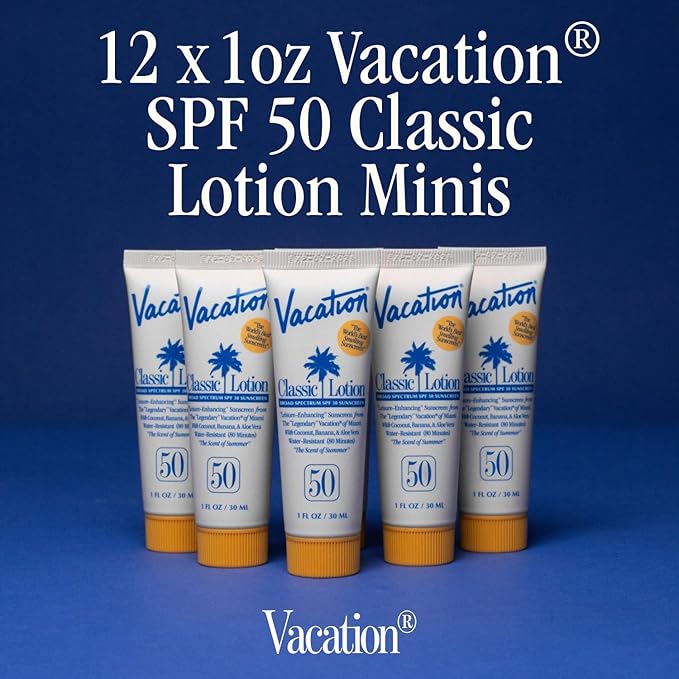 Vacation Mini Classic Lotion SPF 50, Water-Resistant, Mini Sunscreen Bulk Party Favor, Beach Must Haves, Traveling Essentials, Suntan Lotion Travel Size, 1 Fl. Oz. (Value Pack of 12)-FemmiqueWomen