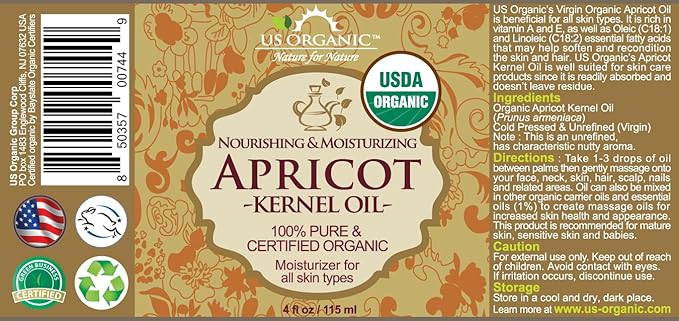 US Organic Apricot Kernel Oil, USDA Certified Organic,100% Pure & Natural, Cold Pressed Virgin, Unrefined in Amber Glass Bottle w/Glass Eyedropper for Easy Application (4 oz (Large))-FemmiqueWomen