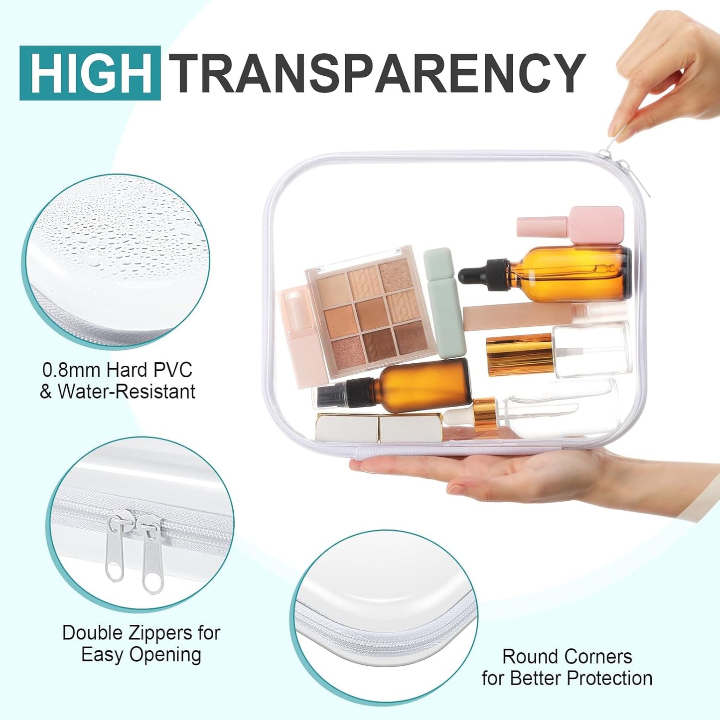 Hoolerry 3 Pcs Clear Hard Zipper Case Plastic Pouch Transparent Hard Case Clear Makeup Bag Portable Travel Organizer Bin for Cosmetics, Building Blocks, Puzzles(White,Mss)-FemmiqueWomen