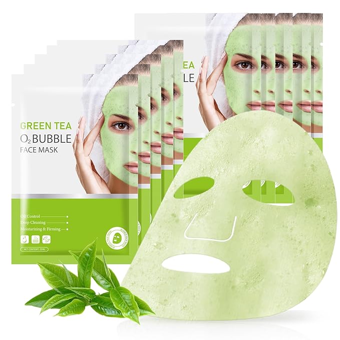 10 Sheets Face Masks Skincare O2 Bubble Green Tea Face Mask, Cleaner Bubble Sheet Masks Foaming Purifying Facial Mask for Pores, Moisturizing Spa Face Masks Skin Care For All Skin Type-FemmiqueWomen