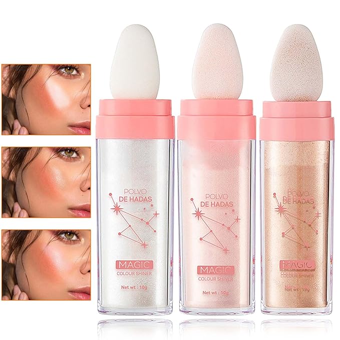 3 Pcs Polvo De Hadas,Fairy Hightlighter Stick Face Blusher Patting Polvo De Hadas Powder Highlighter Makeup,Natural Body Brightens Three-dimensional Body Glitter Stick-FemmiqueWomen