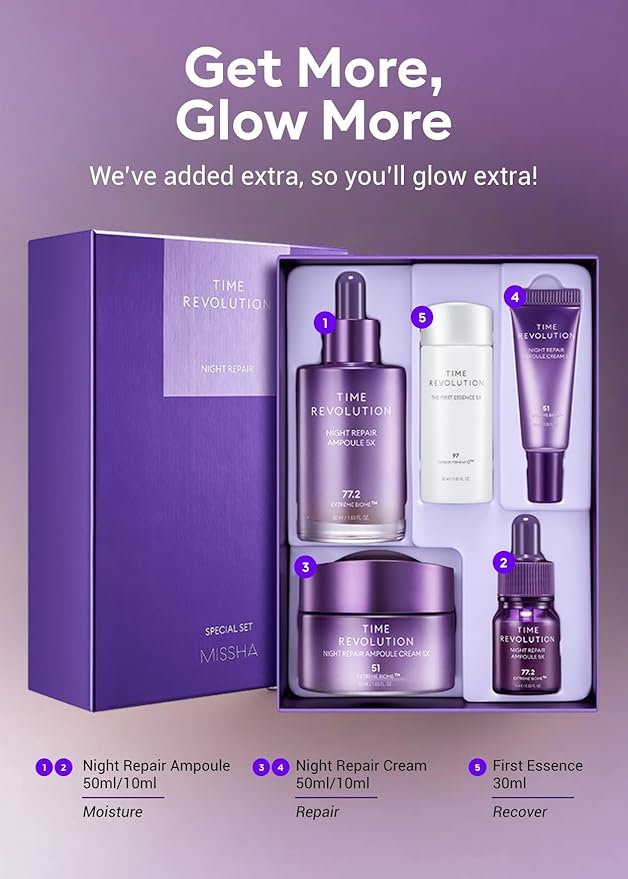 MISSHA Time Revolution Night Repair 5X Gift Set Night Repair Ampoule and Cream 5X, The First Essence 5X for Youthful, Glowing Skin-FemmiqueWomen