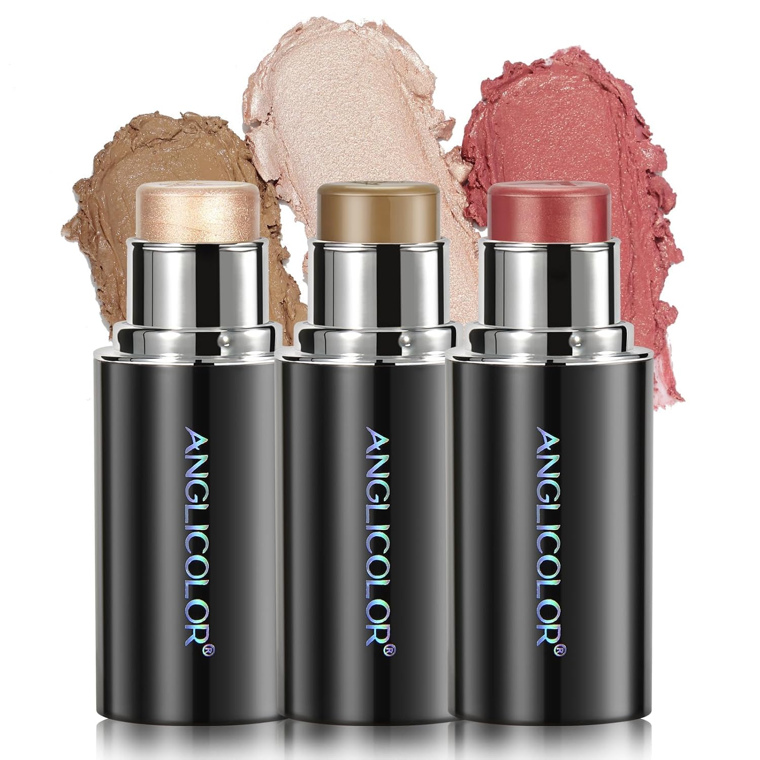 3PC Anglicolor Highlighter Long Lasting,Contour Stick Makeup Naturally,Blush Makeup Smoothing,High Color Rendering,Easy To Mix,Vegan & Cruelty-Fre-FemmiqueWomen