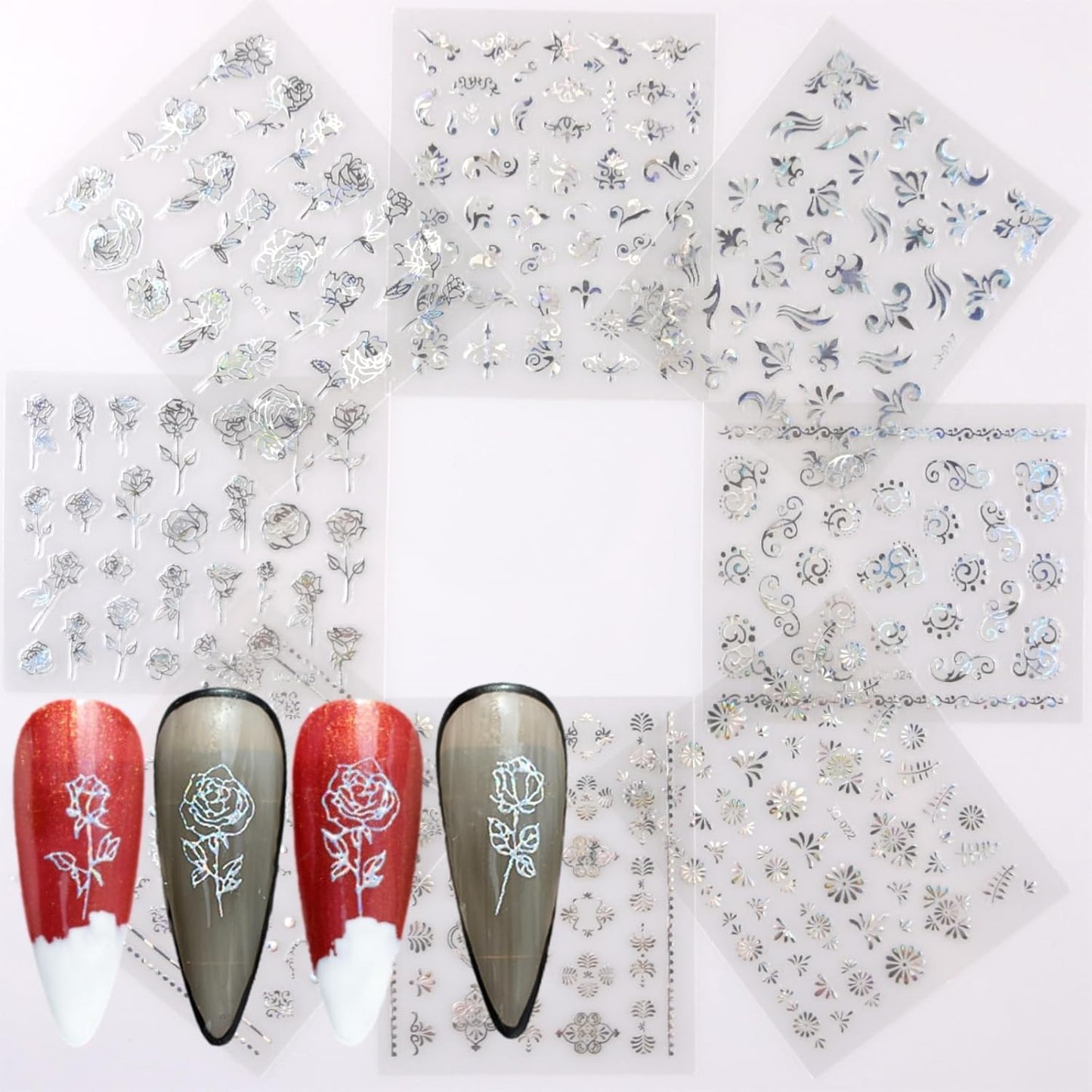 30 Sheets Silver Nail Art Stickers 3D Self-Adhesive Line Nail Decals for Acrylic Nails Lace Leaf Flower Nail Supplies for Nail Art Glitter DIY Design Nail Stickers for Women-FemmiqueWomen