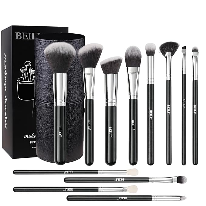 BEILI Makeup Brushes 12pcs Makeup Brushes Set with Holder Premium Synthetic Kabuki Foundation Brush Blending Blush Concealer Full Face Makeup Brushes Kit With Gift Box(Black)-FemmiqueWomen