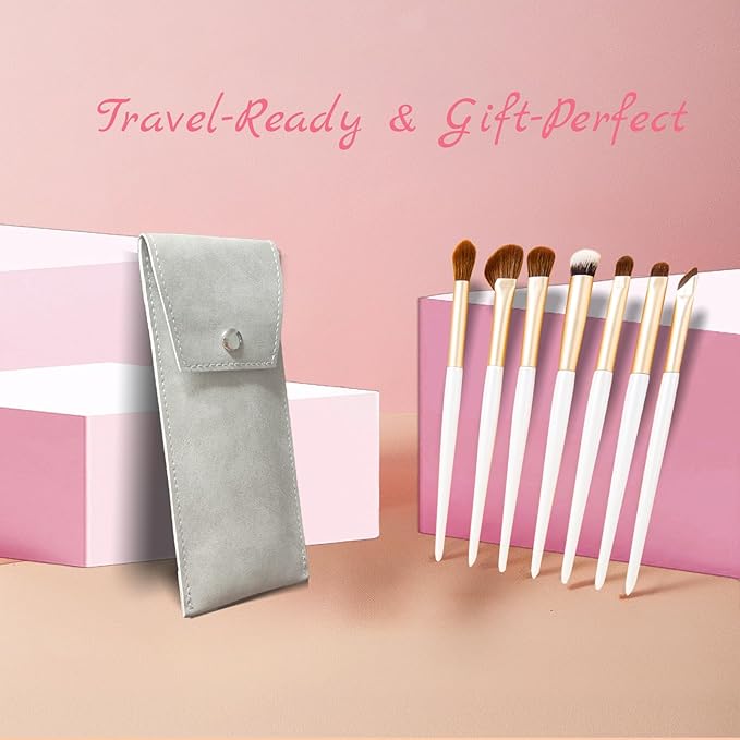 Eyeshadow Makeup Brushes Set with Case 7 PCS Soft Synthetic Hairs Eye Makeup Brushes for Blending Eyebrow Eyeliner Eyeshadow （White）-FemmiqueWomen