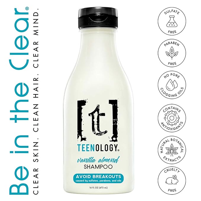 Teenology Shampoo for Teens, For Clear Skin and Healthy Hair, Natural Botanical Extracts, 16 oz. (Vanilla Almond)-FemmiqueWomen