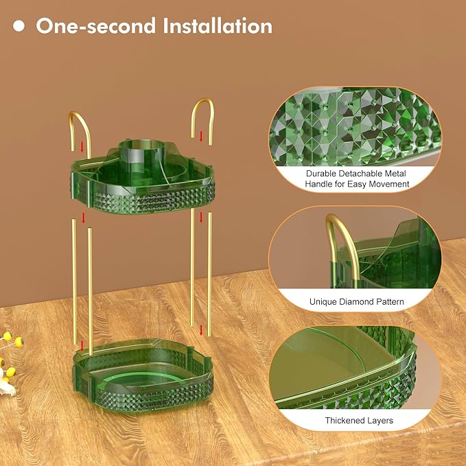 Awenia Rotating Makeup Organizer 360, Stackable Adjustable Large Capacity Cosmetic Storage Unit,Dresser Bathroom Kitchen Countertop Organizer with Metal Handle, Plus Size (Gem Green, 2 Tier)-FemmiqueWomen