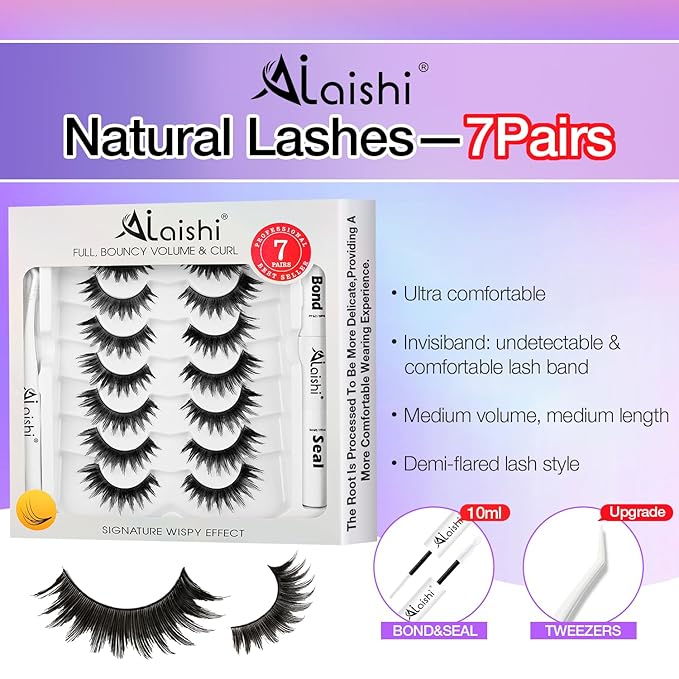 False Eyelashes Kit With Bond, Seal and Tweezer, 7 Pairs Fluffy Natural Look Fake Cat Eye Lashes Strips Thin Band Extensions Waterproof Easy Eyelashes for Beginners DF64-FemmiqueWomen