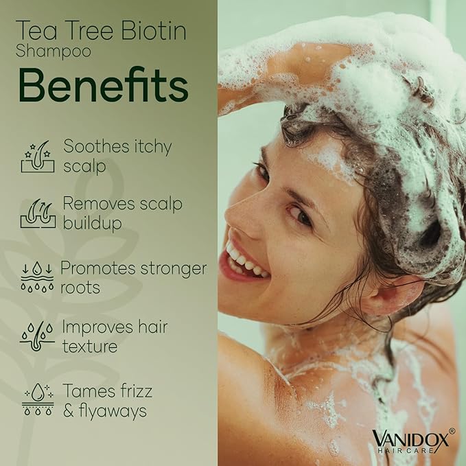 Tea Tree Oil Shampoo with Biotin, DHT Blockers, Itchy Scalp Relief, Supports Thicker-Looking Hair, Cleanses Dandruff & Buildup, For Men & Women, Made in USA, 16 fl oz-FemmiqueWomen