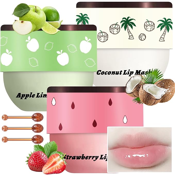 3 PCS Bee Lip Balm Honey Pot, Strawberry & Apple Lime & Coconut Lip Mask Overnight Propolis Moisturizing Lip Balm Hydrating Prevention Dry and Crack Lip Scrubs Exfoliator Lip Wrinkle Care (Set D)-FemmiqueWomen