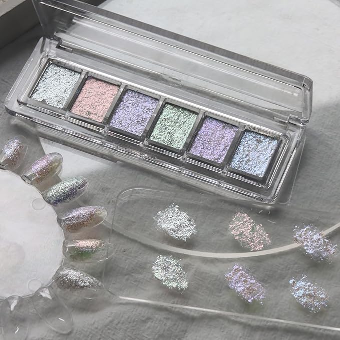 Iridescent Nail Glitter Set, 6 Colors Mud Texture Aurora Chrome Powder, Pink Blue Pearlescent Glitter, Chameleon Nail Flakes Gold Leaf, Holographic Manicure Decor-FemmiqueWomen