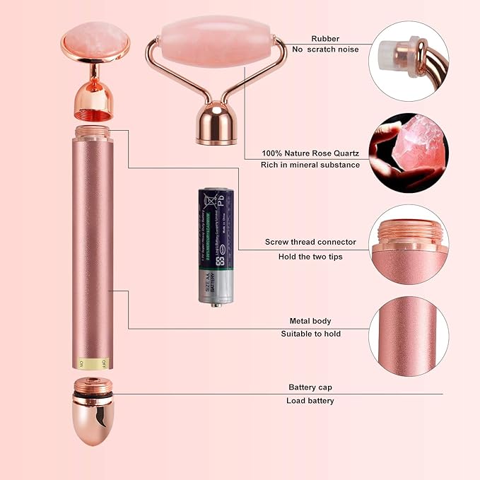 2-IN-1 Electric Jade Roller Massager Facial Roller & Face Massager, Rose Quartz-FemmiqueWomen
