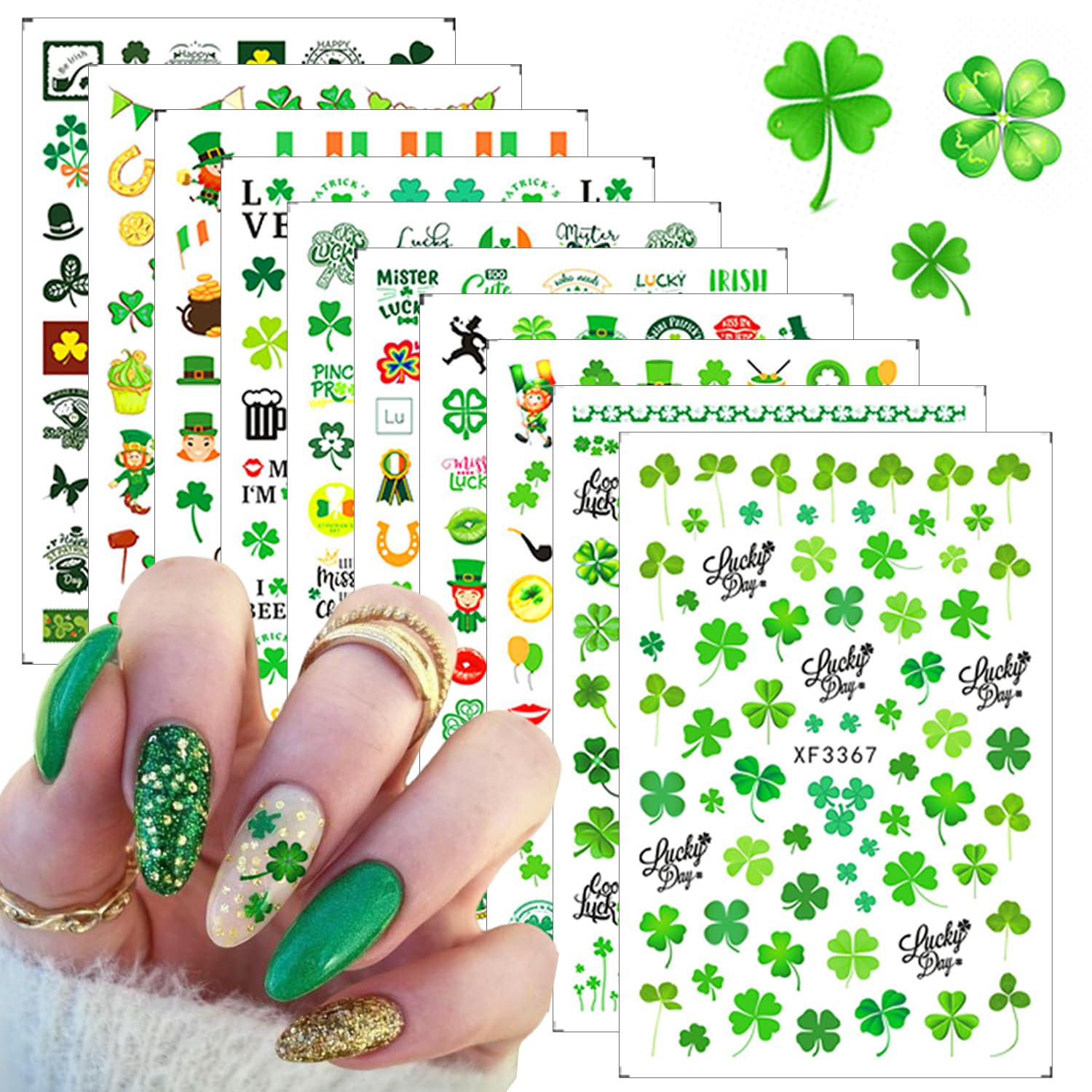10 Pcs St. Patrick's Day Nail Art Stickers Luck of The Irish Nail Decals Shamrock Nail Stickers Green Spring Foil Decals Clover Nail Art Design Saint Patrick's Day Nail Decoration Supplies for Women-FemmiqueWomen