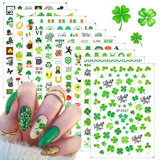 10 Pcs St. Patrick's Day Nail Art Stickers Luck of The Irish Nail Decals Shamrock Nail Stickers Green Spring Foil Decals Clover Nail Art Design Saint Patrick's Day Nail Decoration Supplies for Women-FemmiqueWomen