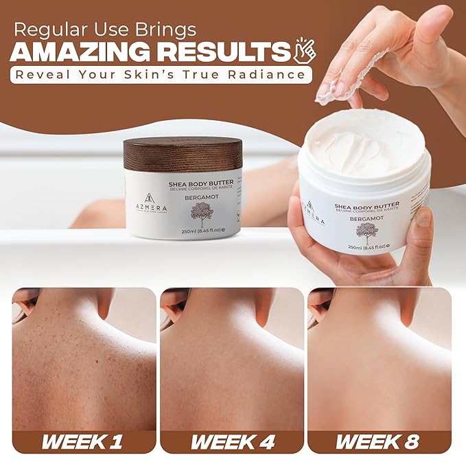 AZMERA Handcrafted Whipped Shea Body Butter – Luxurious Moisturizer for Dry, Sensitive Skin with Bergamot, Argan Oil & Vitamin E – Vegan, Non-Greasy Skincare – 8.82 oz-FemmiqueWomen