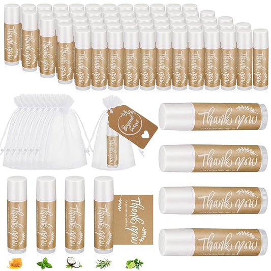 100 Set Thank You Lip Balm Bulk Small Natural Moisturizing Mini Lip Balm with Organza Bag and Card for Baby Wedding Bridal Shower Thank You Favors Bridesmaid Gifts Women Guests-FemmiqueWomen