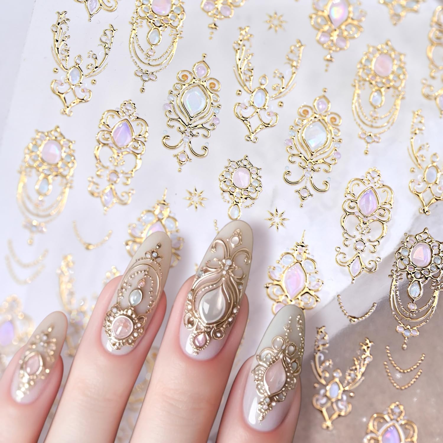 1 Sheets Gold Nail Stickers for Nail Art Holographic Laser Embossed Nail Art Stickers Gems Designs Nail Decals 5D Self-Adhesive Summer Fall Nail Decoration for Women Nail Supplies-FemmiqueWomen