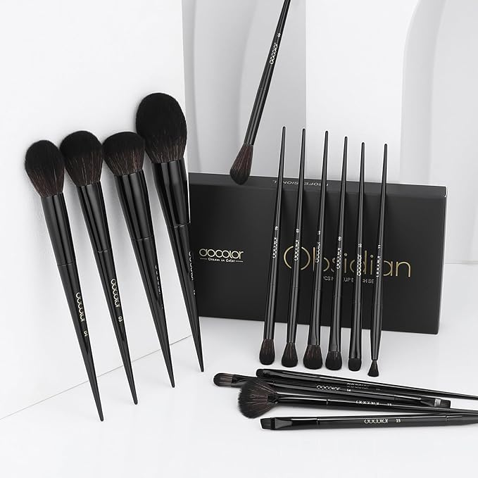 Docolor Makeup Brushes 15Pcs Obsidian Makeup Brush Set Premium Synthetic Powder Kabuki Foundation Contour Blush Concealer Eye Shadow Blending Eyeliner Crease Eyebrow Make Up Brush Kit-FemmiqueWomen