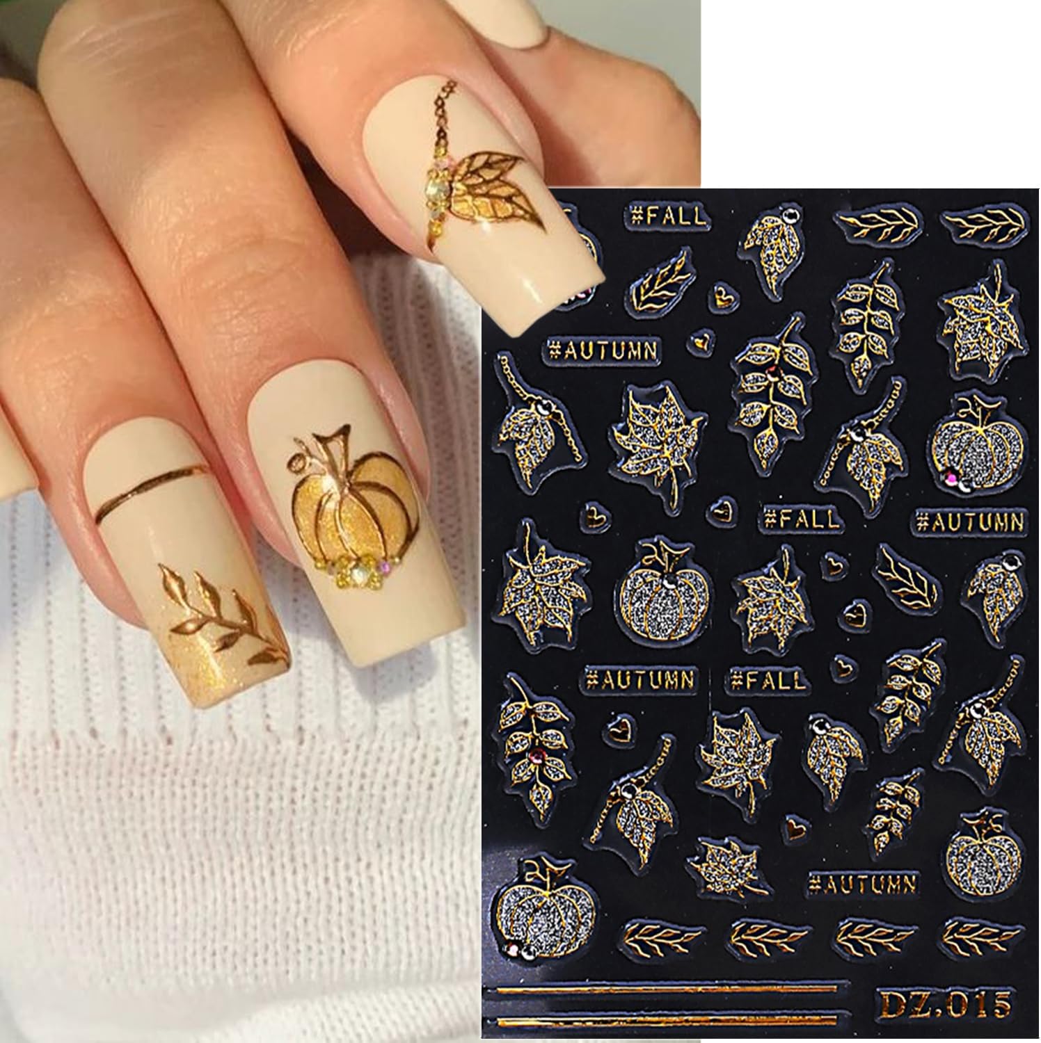 2 Sheets Fall Nail Stickers for Nail Art Glitter Gold Leaf Nail Art Stickers Embossed Autumn Pumpkin Nail Decals 5D Self-Adhesive Diamond Nail Design Sticker for Women Thanksgiving Nails Decoration-FemmiqueWomen