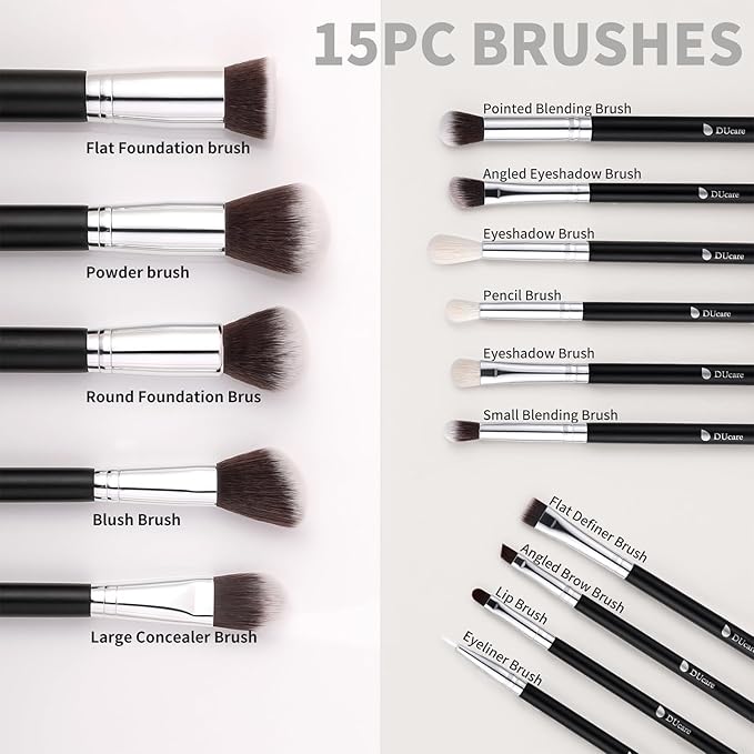 DUcare Makeup Brushes with Bag,15Pcs Makeup Brush Set Christmas Gift Travel Kabuki Foundation Blending Blush Eyeliner Shadow Brow Concealer Brushes Kit Black-FemmiqueWomen