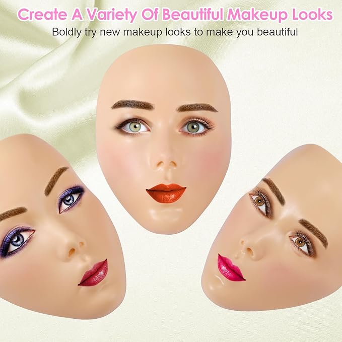 3D Makeup Practice Kit,Reusable Silicone Makeup Practice Face Board/Makeup Mannequin Face,with Makeup Brushes Set&Eyebrow Pencils&Eyelashes&a Makeup Bag&makeup remover towel&Eyeshadow&Lipstick-FemmiqueWomen