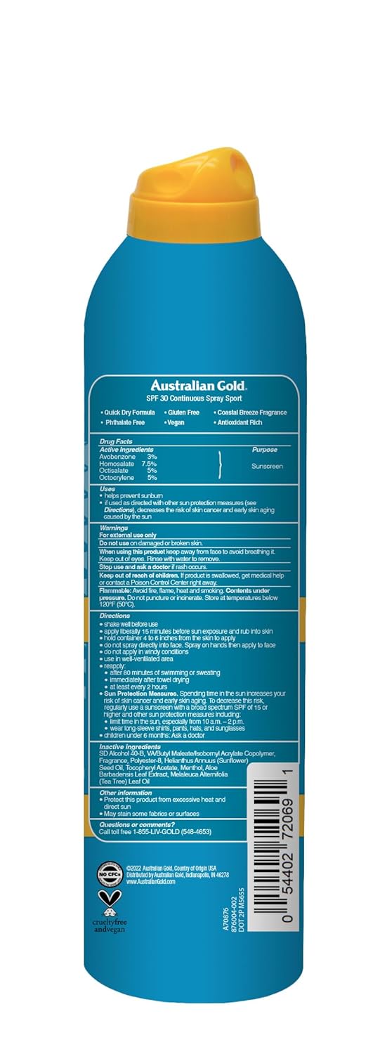 Australian Gold Extreme Continuous Spray Sunscreen SPF 30, Broad Spectrum, Sweat and Water Resistant, Non-Greasy, Oxybenzone Free, Cruelty Free, Sport-New, Coastal Breeze, 6 Ounce-FemmiqueWomen