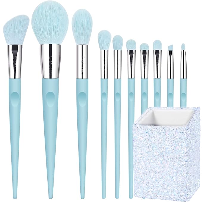 DUcare Makeup Brushes with Holder - 10Pcs Professional Synthetic Make Up Brushes Set for Blush Concealer Foundation Bronzer Powder Eyebrow Contour Eyeshadow Blending Makeup Brush Set, Ice Lake Blue-FemmiqueWomen